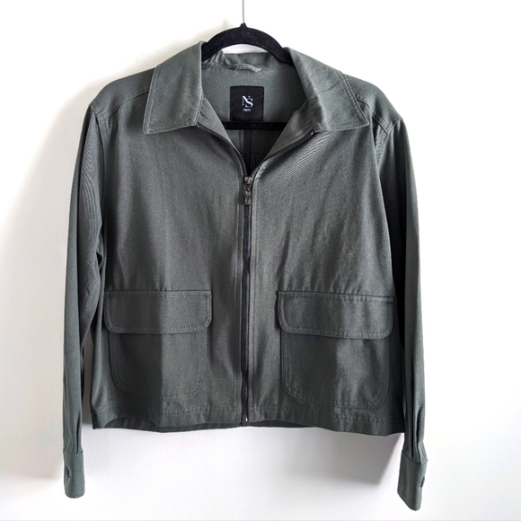NASO Unisex Cropped Utility Jacket Army Green M Worker Collared Zippered - Picture 1 of 12